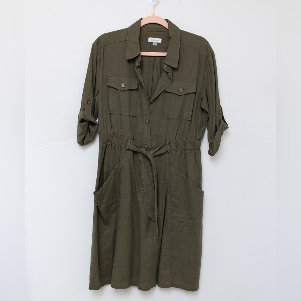 NWOT Calvin Klein Size 10 Olive Green Linen Blend Shirt Dress